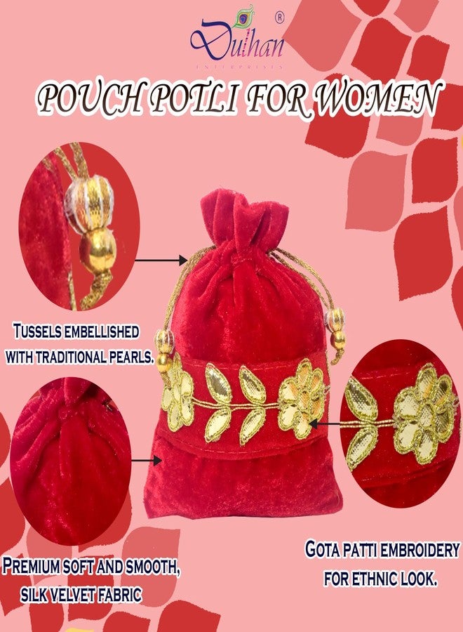 Dulhan Handcrafted Red Velvet Gota Patti Potli Bags | Traditional Embroidered Gift Bags for Wedding, Diwali, Mehndi Baby Shower | Zari Tassels and Moti Work | Reusable Decorative Pouches (Pack of 2) - Image 3